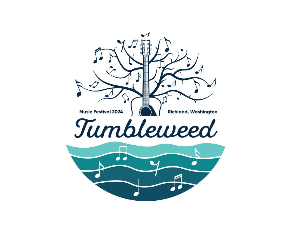 TMF2024 Logo by Ashley Unick S. Ambrosio:  An acoustic guiter sprouting tree limbs (or tumbleweed branches) filled with musical notes sits above a stylized river of 4 wavy areas representing water, also filled with musical notes.